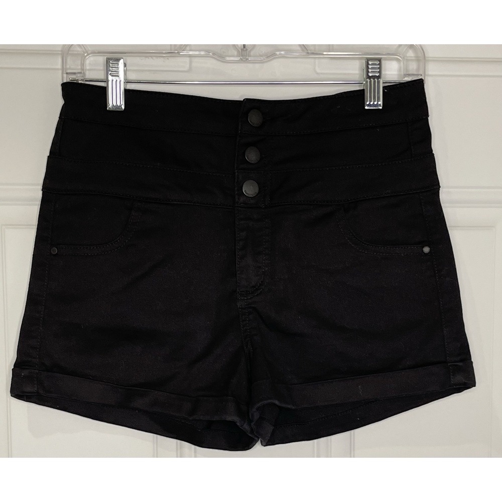Tinseltown Juniors Size 5 High Waisted 3 Button Black Denim Shorts Buttoned Zip